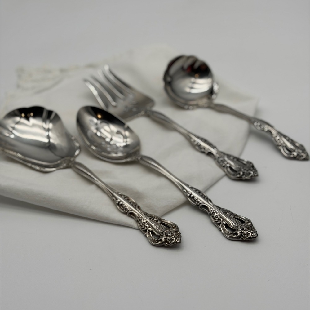 Vtg Oneida Community Brahms Stainless Flatware 4 Piece Serving Set Floral Ornate